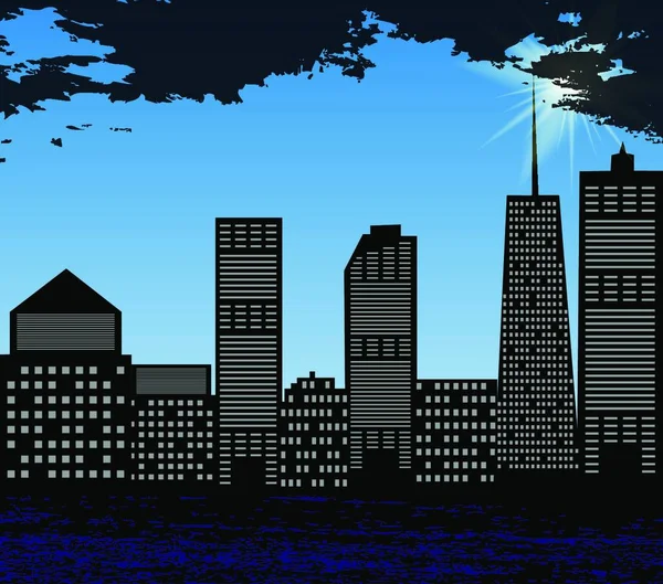 Sylwetka Big City Tle Jasnego Letniego Słońca Błękitnego Nieba Ilustracja — Wektor stockowy