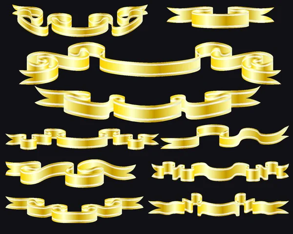 Набор Золотых Полосатых Лент Черном Фоне — стоковый вектор