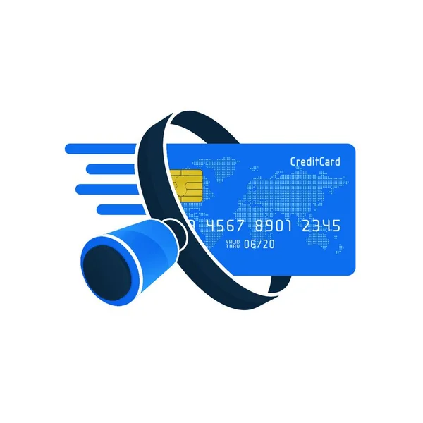蓝色信用卡和白色背景的黑色放大镜 财务图标设计 — 图库矢量图片