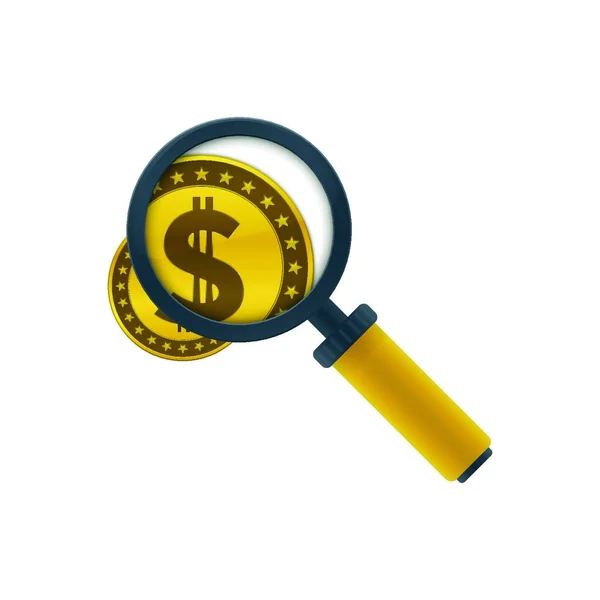 Gold Colored Dollar Coin Magnifying Glass Icon White Background Finance — Stock Vector