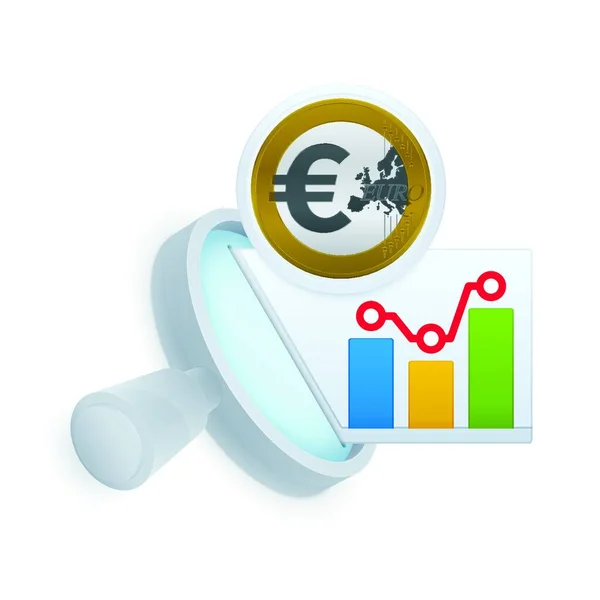 Icono Investigación Mercado Lupa Moneda Euro Sobre Fondo Blanco Diseño — Vector de stock