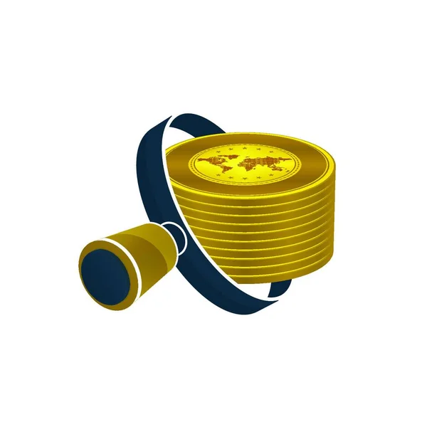 Lupa Negra Pila Monedas Oro Sobre Fondo Blanco Diseño Iconos — Vector de stock