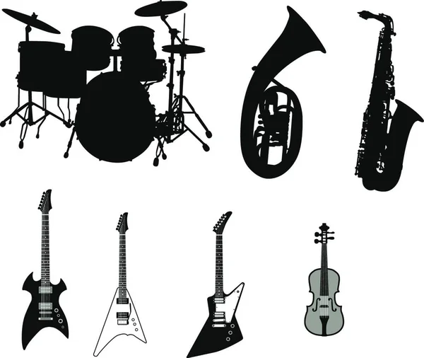 Conjunto Diferentes Instrumentos Corda Vento Percussão — Vetor de Stock