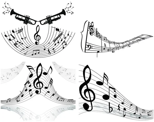 Set Four Vector Musical Notes Staff — Stock Vector