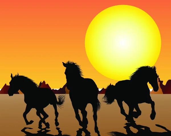 Pferdesilhouette Auf Dem Hintergrund Des Sonnenuntergangs Vektorillustration — Stockvektor