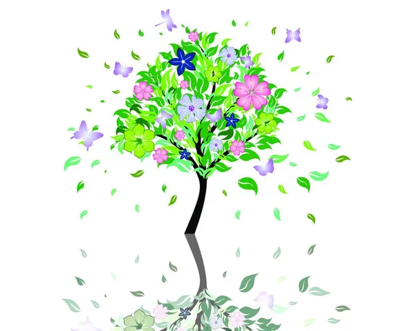 Hermoso Árbol Verano Con Flores Ilustración Vectorial — Vector de stock