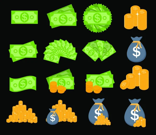 Dollar Stack Papier Banknoty Złote Monety Icon Sign Collection Set — Wektor stockowy