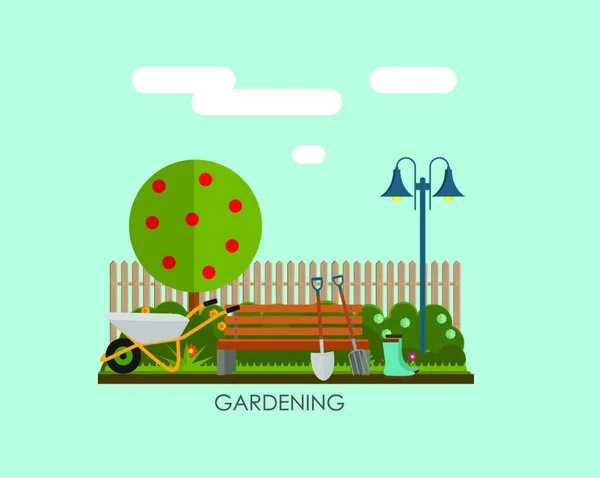 Jardinería Fondo Plano Vector Ilustración Garden Tools Tree Fence Bush — Vector de stock