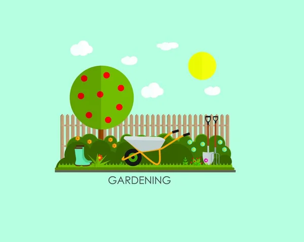 Jardinería Fondo Plano Vector Ilustración Garden Tools Tree Fence Bush — Vector de stock