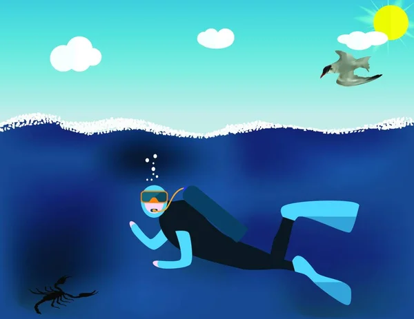 Underwater People Cartoon Scuba Diver Concept Plongée Extrême Sport Activités — Image vectorielle