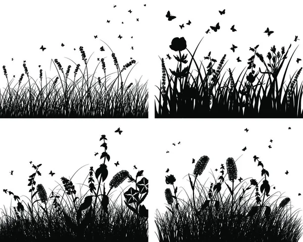 Set Four Vector Grass Silhouettes Backgrounds — Stock Vector
