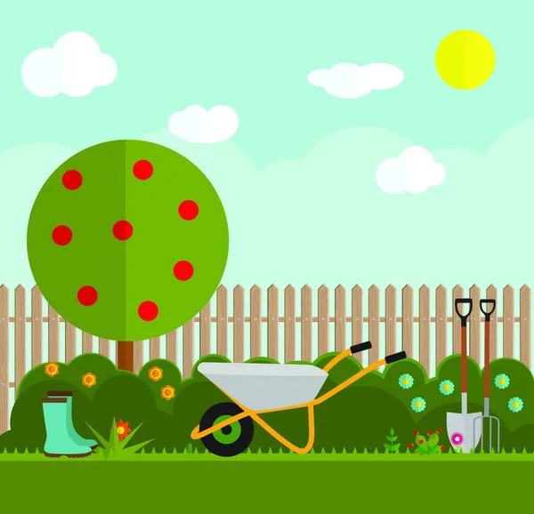 Jardinería Fondo Plano Vector Ilustración Garden Tools Tree Fence Bush — Vector de stock