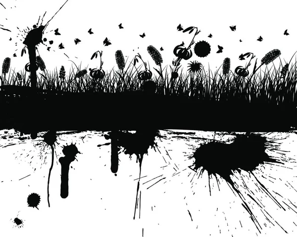 Abstrakter Grunge Vektor Hintergrund Mit Gras Und Blumen — Stockvektor