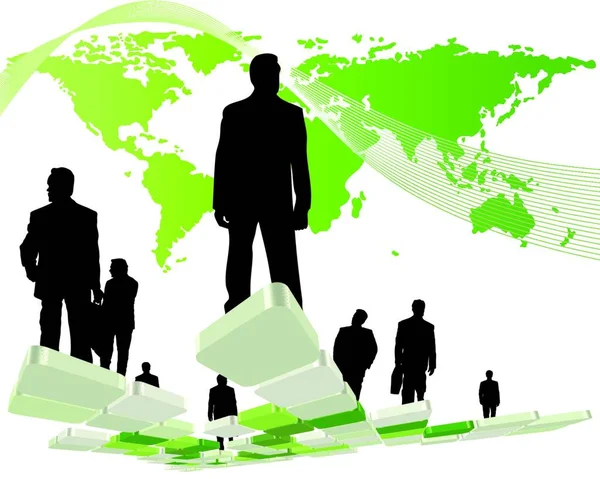 Παγκόσμιο Επιχειρηματικό Θέμα Σιλουέτες Του Ανθρώπου Και Χάρτη Εικονογράφηση Διανύσματος — Διανυσματικό Αρχείο