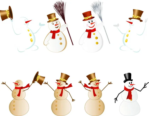 Ένα Σετ Από Διαφορετικούς Χιονάνθρωπους Πλήρως Επεξεργάσιμη Διανυσματική Απεικόνιση — Διανυσματικό Αρχείο