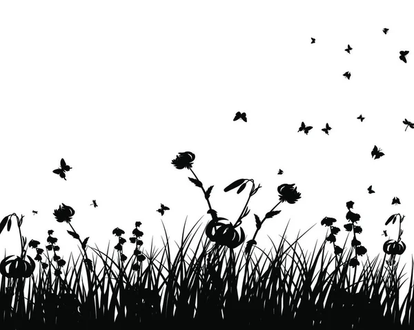 Medow Trawy Kwiaty Motyle Ilustracja Wektorowa Eps Wszystkie Obiekty Oddzielone — Wektor stockowy