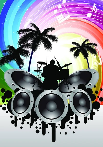 Rock Groep Drummer Thropische Feestelijke Stralen Achtergrond Vector Illustratie Voor — Stockvector