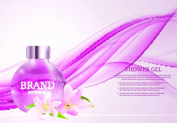 Shower Gel Bottle Template Ads Magazine Background Realistic Vector Iillustration — Stock Vector