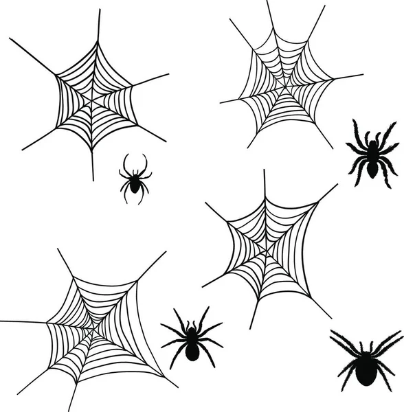 Conjunto Aranha Preta Halloween Com Redes Ilustração Vetorial —  Vetores de Stock