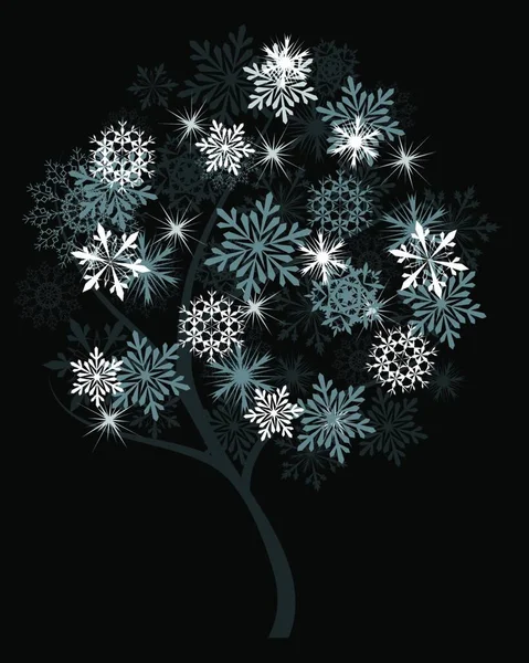 Albero Invernale Con Fiocchi Neve Sfondo Nero Illustrazione Vettoriale Eps — Vettoriale Stock