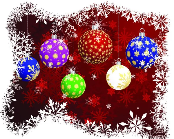 Новорічна Листівка Кольоровими Кульками Сніжинками — стоковий вектор