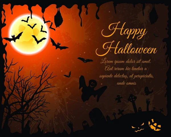 Feliz Tarjeta Felicitación Halloween Diseño Elegante Con Murciélagos Espeluznante Tumba — Vector de stock