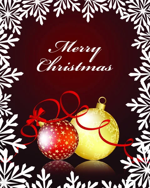Elegante Weihnachtsgrußkarte Mit Schleifen Kugeln Und Schneeflocken Darauf Dunkelroter Hintergrund — Stockvektor