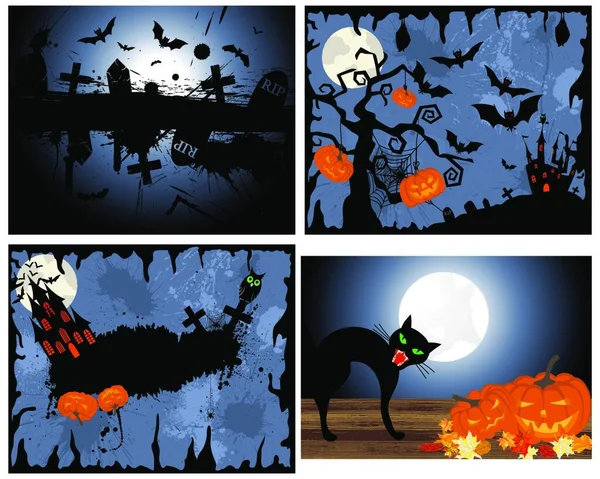 할로윈 마법의 디자인 Pumpkin Moon Tree Grave Castle Cats Grunge — 스톡 벡터