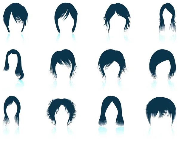 Set Twelve Woman Hairstyles Icons Reflections Vector Illustration — Stock Vector