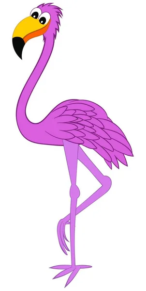 Vicces Rajzfilm Karakter Rózsaszín Flamingo Álló Egyik Lábát Fehér Háttér — Stock Vector