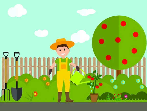 Agricultor Jardinero Hombre Con Regadera Planta Tomate Estilo Plano Moderno — Vector de stock