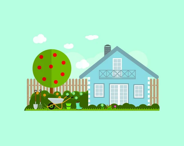 Jardinería Fondo Plano Vector Ilustración Garden Tools Tree Fence Bush — Vector de stock