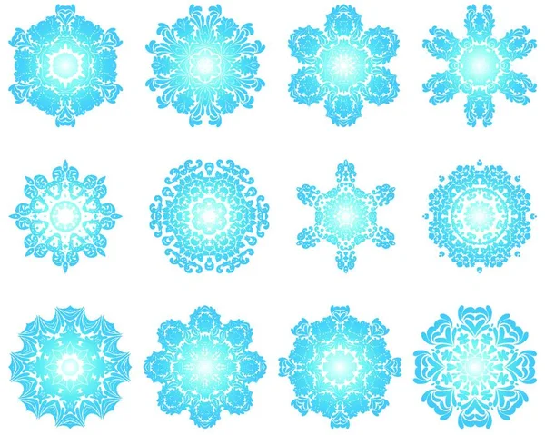 Sada Dvanácti Kruhových Sněhových Vloček Ozdoby Vektorová Ilustrace — Stockový vektor
