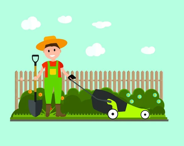 Fondo Del Jardín Vector Ilustración Agricultor Jardinero Hombre Con Cortacésped — Vector de stock