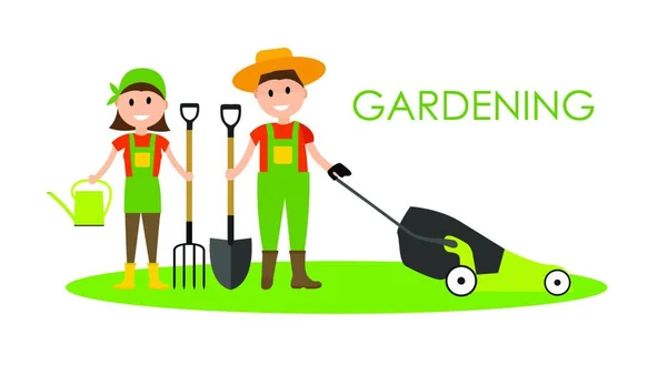 Εικονογράφηση Διάνυσμα Κήπο Φόντο Αγρότης Κηπουρός Άνδρα Και Γυναίκας Μοντέρνο — Διανυσματικό Αρχείο