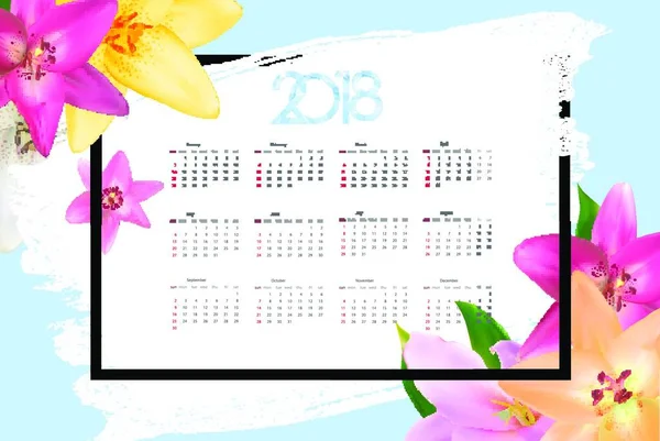 Calendario 2018 Semana Comienza Domingo Ilustración Vectorial Eps10 — Vector de stock