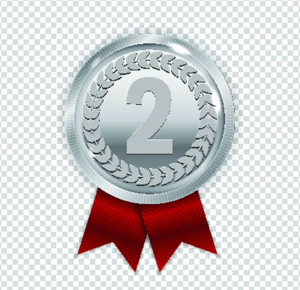 Champion Art Silver Medal Met Red Ribbon Icon Sign Tweede — Stockvector