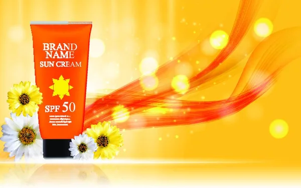 Sun Care Cream Bottle Tubo Con Fiori Camomilla Template Annunci — Vettoriale Stock