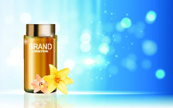 Diseño Cosméticos Producto Con Flores Plantilla Liy Dorado Para Anuncios — Vector de stock