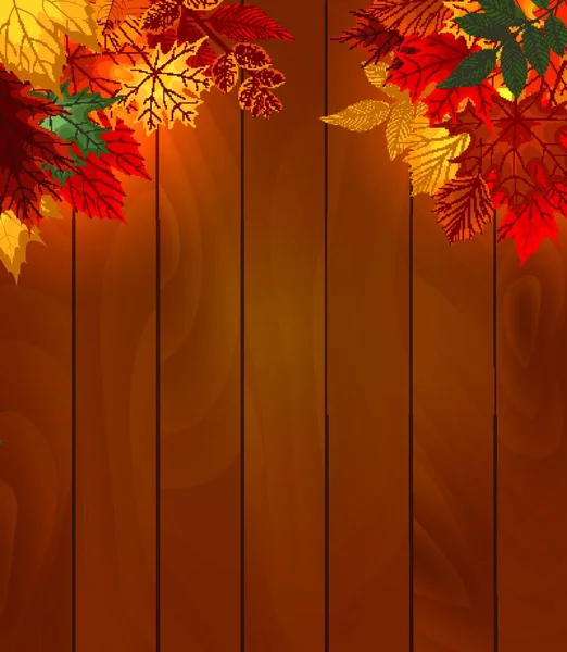 Resumen Vector Illustration Background Falling Autumn Leaves Wood Boards Eps10 — Vector de stock