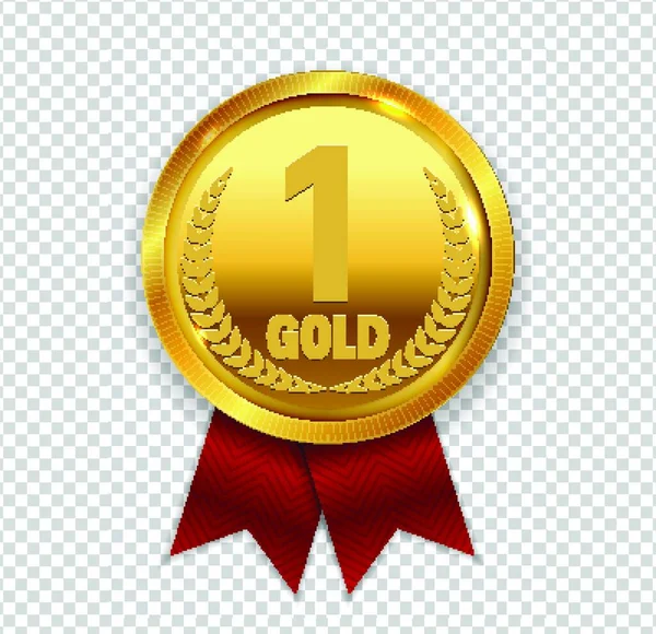 Champion Art Golden Medal Red Ribbon Icon Sign First Place — Stock Vector