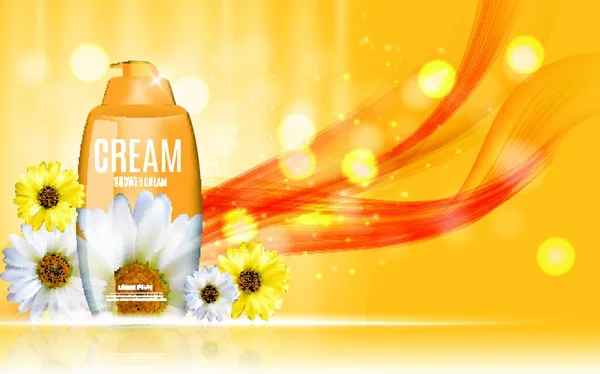 Shower Gel Cream Bottle Flowers Chamoile Template Ads Announcement Sale — стоковий вектор