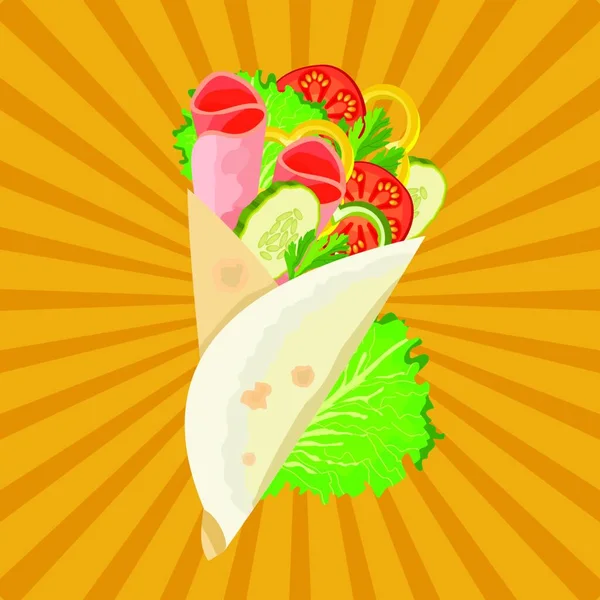 Shawarma Con Jamón Verduras Ilustración Vectores Para Restaurantes Cafés — Vector de stock