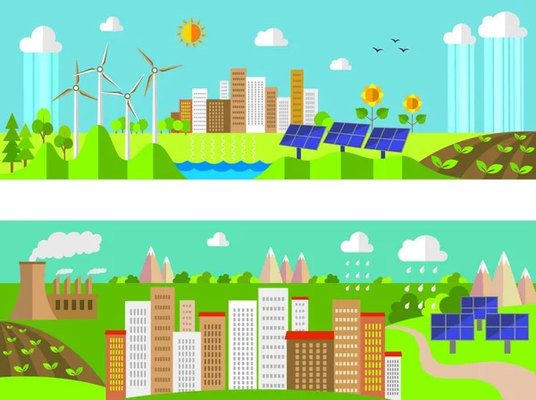 Set Environment Ecology Banners Green Energy Pollution — Stock Vector