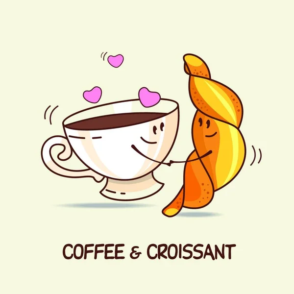 Kaffee Und Croissant Liebe Für Immer Comic Cartoon Vektorillustration — Stockvektor