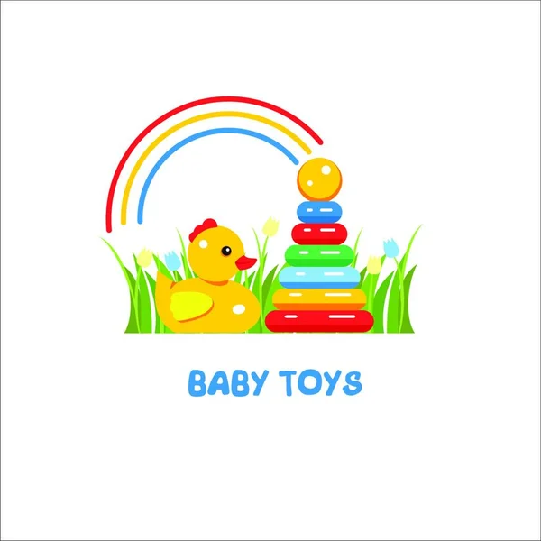 おもちゃの子供たち ベクターサイン おもちゃ屋のロゴ ピラミッド アヒル 草の上の虹 — ストックベクタ