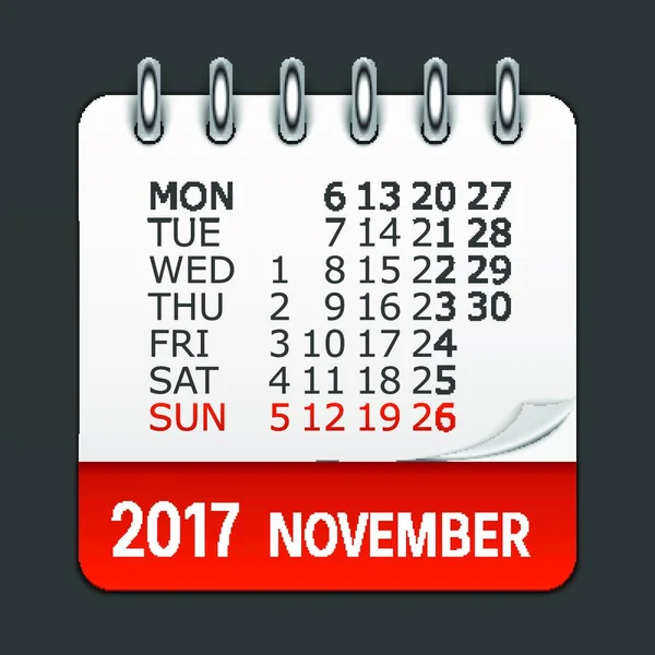 Noviembre 2017 Calendario Icono Diario Emblema Ilustración Vectorial Elemento Diseño — Vector de stock