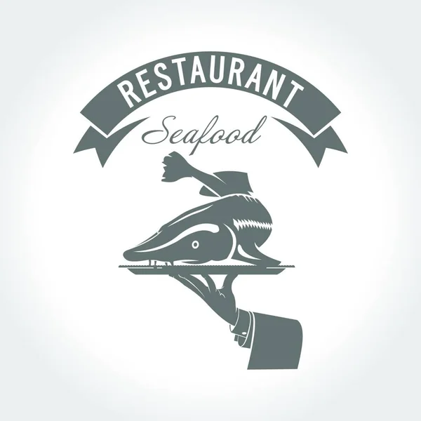 Εστιατόριο Καφέ Θαλασσινά Μενού Ψαριών Sturgeon Μια Πιατέλα Στο Χέρι — Διανυσματικό Αρχείο
