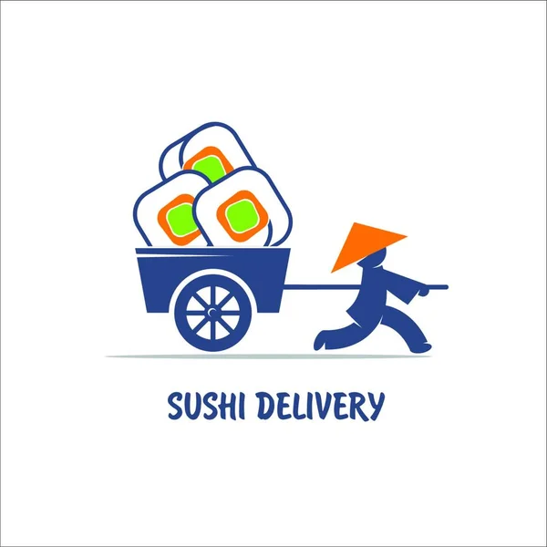 Delivery Sushi Vector Logo Chinese Man Cart — Stock Vector