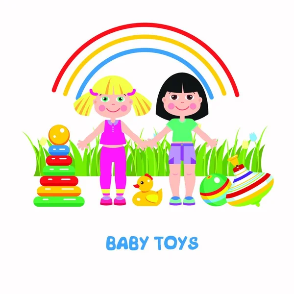 Brinquedos Infantis Ilustração Vetorial Menina Bola Pato Pirâmide Cubos Peg — Vetor de Stock